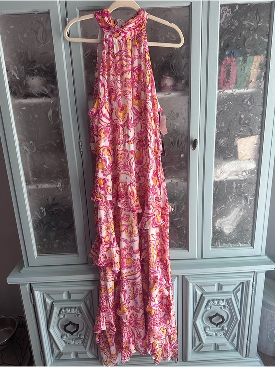 CeCe Dresses & Skirts - CeCe Pink and Yellow Paisley Tiered Halter Maxi Dress